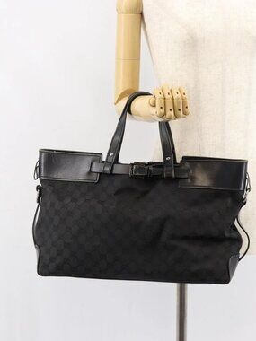 GUCCI GG Canvas Hand Bag Black Silver